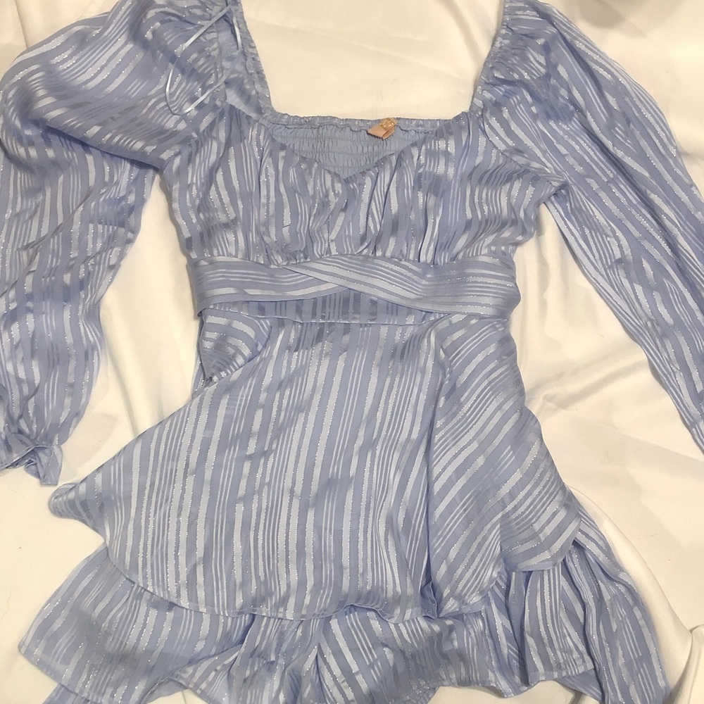 Light Blue Striped Off-Shoulder Dress
